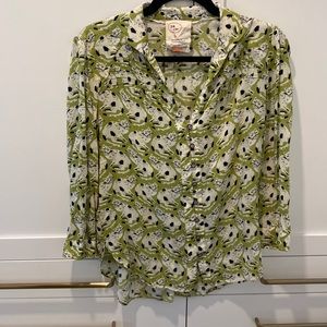 Anthropologie green shirt with black and white cats